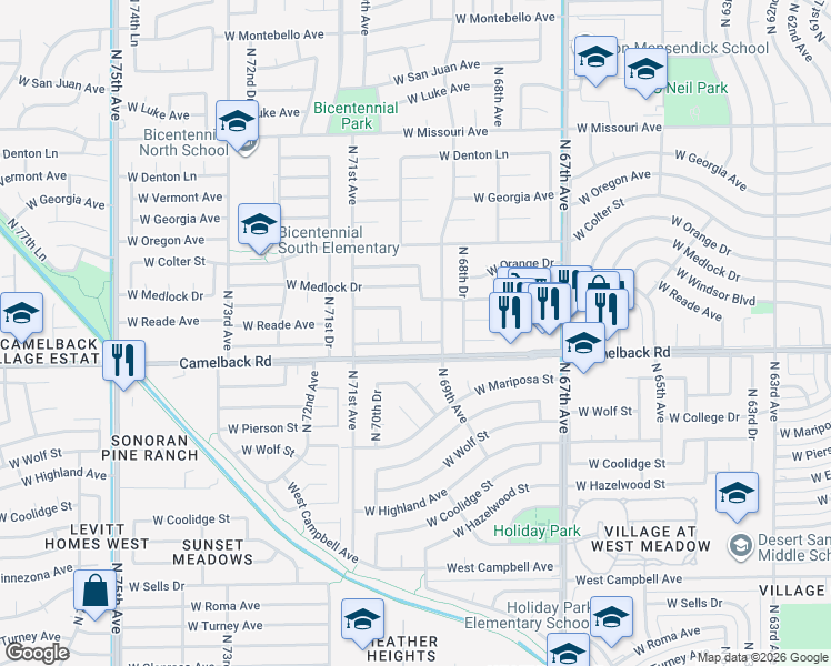 map of restaurants, bars, coffee shops, grocery stores, and more near 5022 North 69th Drive in Glendale