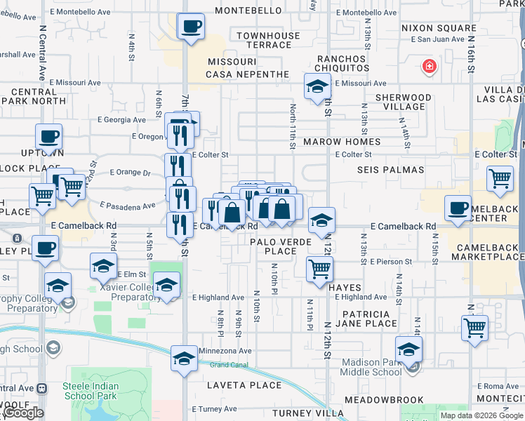 map of restaurants, bars, coffee shops, grocery stores, and more near 1001 East Pasadena Avenue in Phoenix
