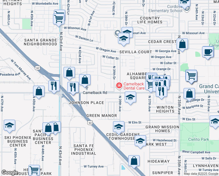 map of restaurants, bars, coffee shops, grocery stores, and more near 3940 W Palomino Rd in Phoenix