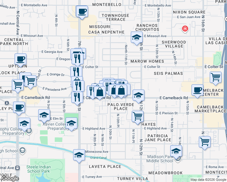 map of restaurants, bars, coffee shops, grocery stores, and more near 1001 East Pasadena Avenue in Phoenix