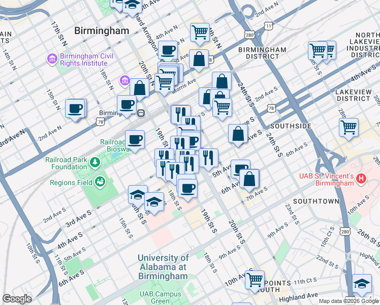 map of restaurants, bars, coffee shops, grocery stores, and more near 230 20th Street South in Birmingham