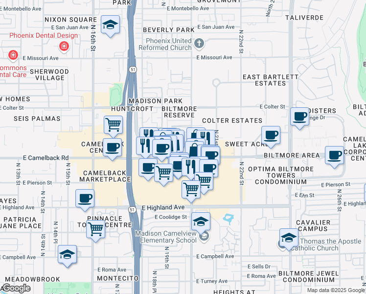 map of restaurants, bars, coffee shops, grocery stores, and more near 1940 East Camelback Road in Phoenix