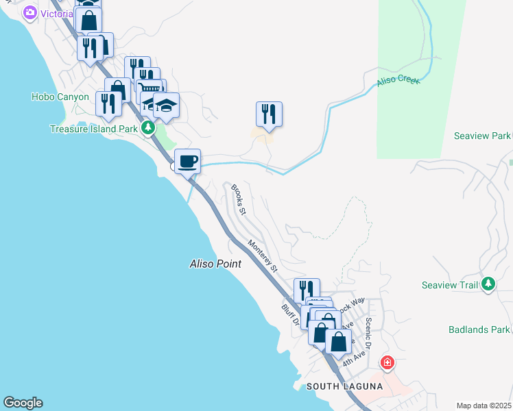 map of restaurants, bars, coffee shops, grocery stores, and more near 31182 Holly Drive in Laguna Beach