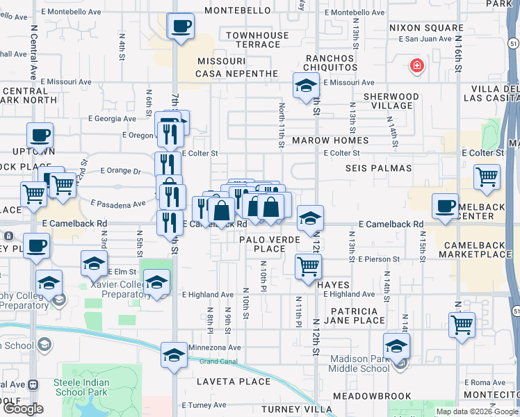 map of restaurants, bars, coffee shops, grocery stores, and more near 1001 East Pasadena Avenue in Phoenix