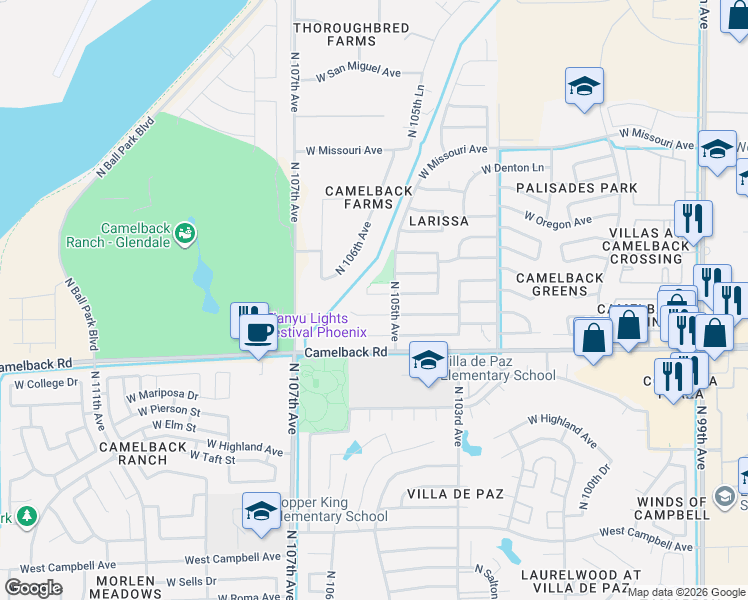 map of restaurants, bars, coffee shops, grocery stores, and more near 10531 West Windsor Boulevard in Glendale