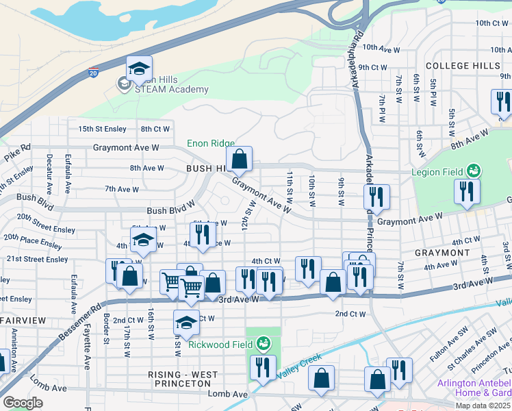 map of restaurants, bars, coffee shops, grocery stores, and more near 525 12th Street West in Birmingham