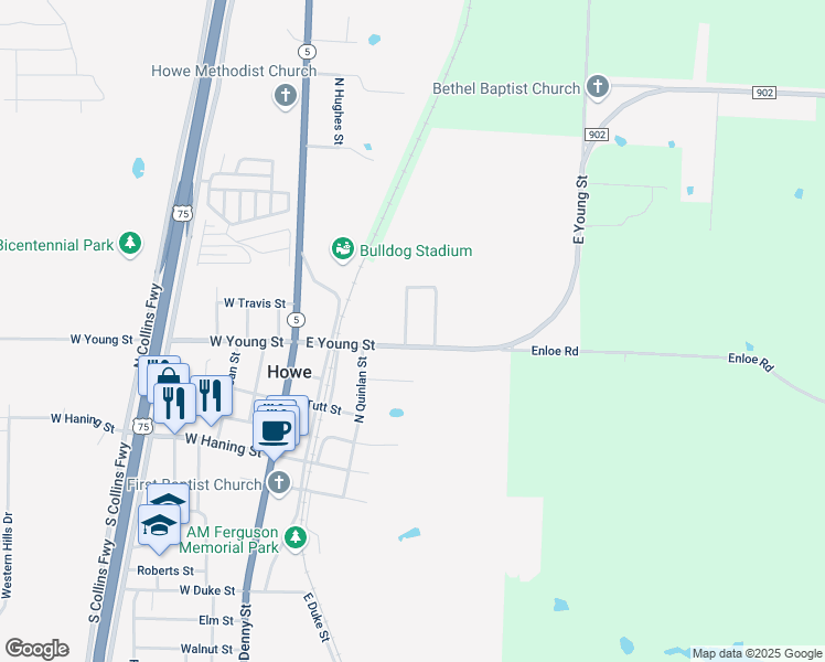map of restaurants, bars, coffee shops, grocery stores, and more near 503 North Cassandra Street in Howe
