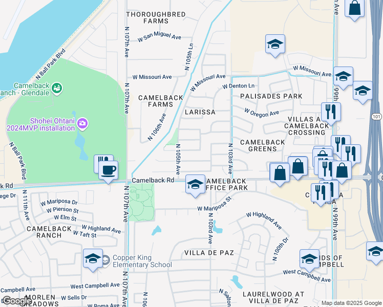 map of restaurants, bars, coffee shops, grocery stores, and more near 10425 West Windsor Boulevard in Glendale