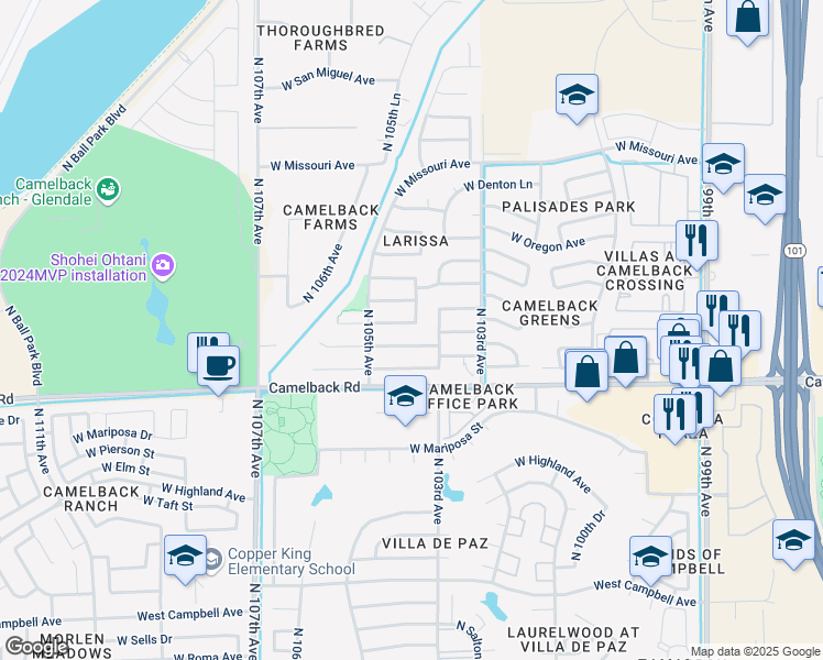 map of restaurants, bars, coffee shops, grocery stores, and more near 10425 West Windsor Boulevard in Glendale