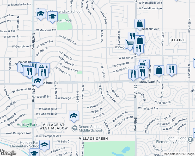 map of restaurants, bars, coffee shops, grocery stores, and more near 5010 North 62nd Avenue in Glendale