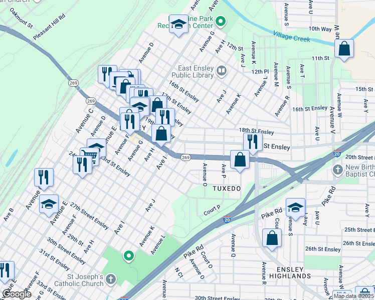 map of restaurants, bars, coffee shops, grocery stores, and more near 1915 Avenue J in Birmingham