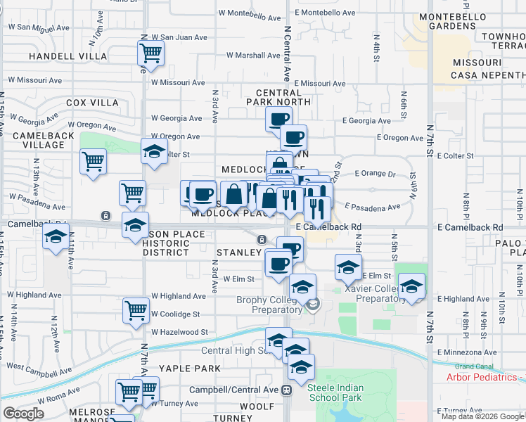 map of restaurants, bars, coffee shops, grocery stores, and more near 21 West Pasadena Avenue in Phoenix