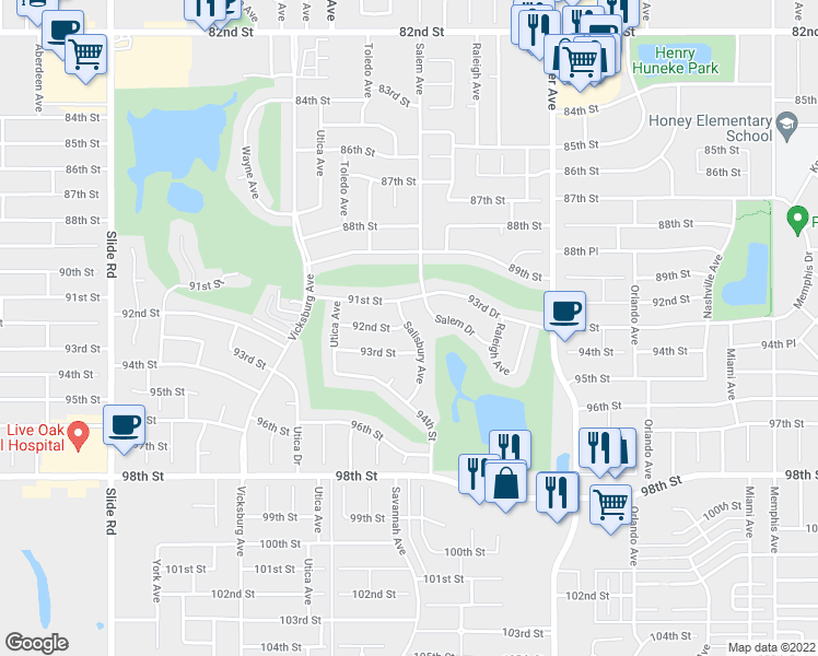 map of restaurants, bars, coffee shops, grocery stores, and more near 9200 Salisbury Avenue in Lubbock