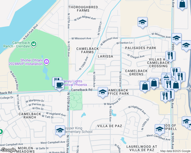 map of restaurants, bars, coffee shops, grocery stores, and more near 10465 West Windsor Boulevard in Glendale