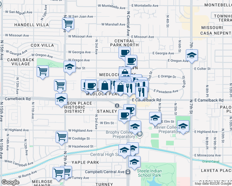 map of restaurants, bars, coffee shops, grocery stores, and more near 21 West Pasadena Avenue in Phoenix