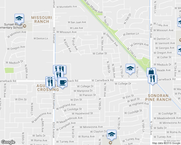 map of restaurants, bars, coffee shops, grocery stores, and more near 8016 West Camelback Road in Glendale