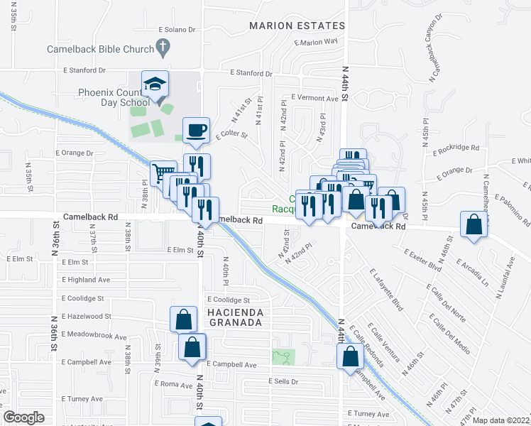 map of restaurants, bars, coffee shops, grocery stores, and more near 4132 East Camelback Road in Phoenix