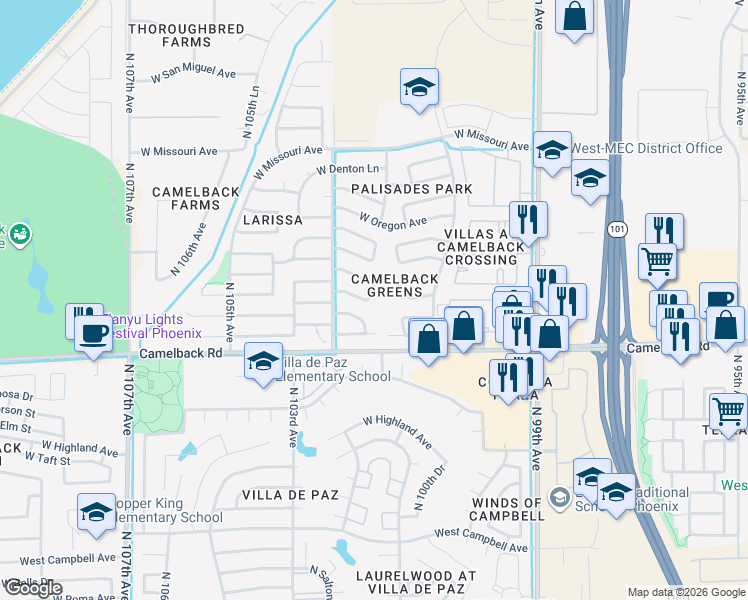 map of restaurants, bars, coffee shops, grocery stores, and more near 5205 North 102nd Drive in Glendale