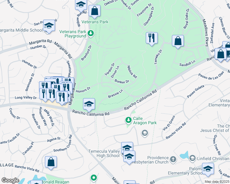 map of restaurants, bars, coffee shops, grocery stores, and more near 30925 Mashie Way in Temecula