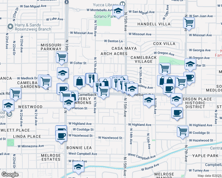 map of restaurants, bars, coffee shops, grocery stores, and more near 1600 West Camelback Road in Phoenix