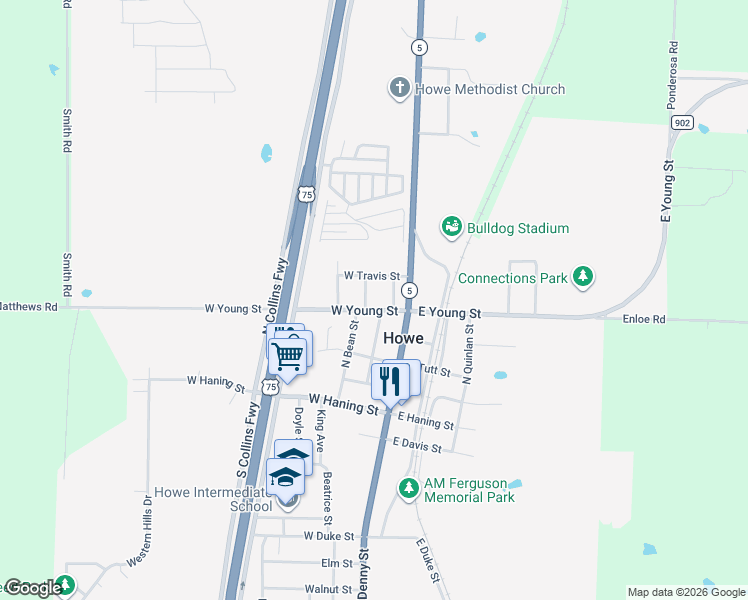 map of restaurants, bars, coffee shops, grocery stores, and more near 207 W Young St in Howe