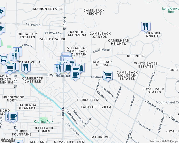 map of restaurants, bars, coffee shops, grocery stores, and more near 4458 East Camelback Road in Phoenix