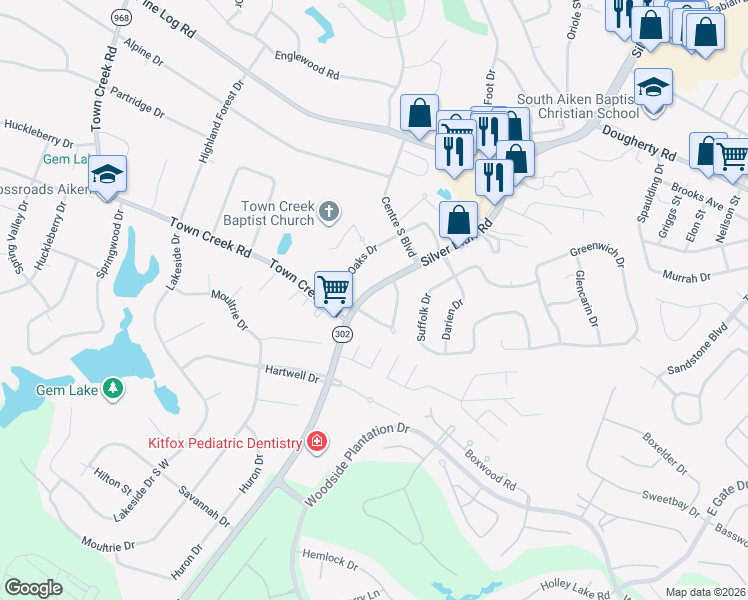 map of restaurants, bars, coffee shops, grocery stores, and more near 107 Indian Creek Trail in Aiken