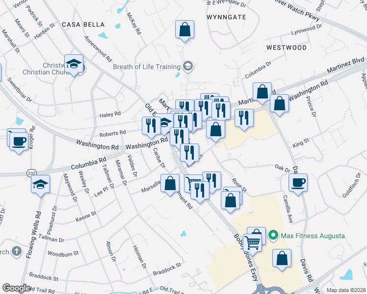 map of restaurants, bars, coffee shops, grocery stores, and more near 202 Bobby Jones Expressway in Martinez