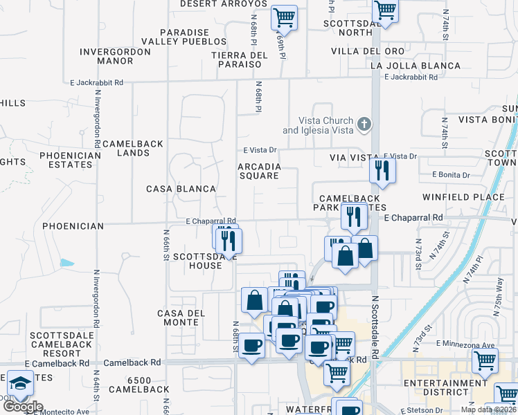 map of restaurants, bars, coffee shops, grocery stores, and more near 5015 North Chiquita Lane in Paradise Valley