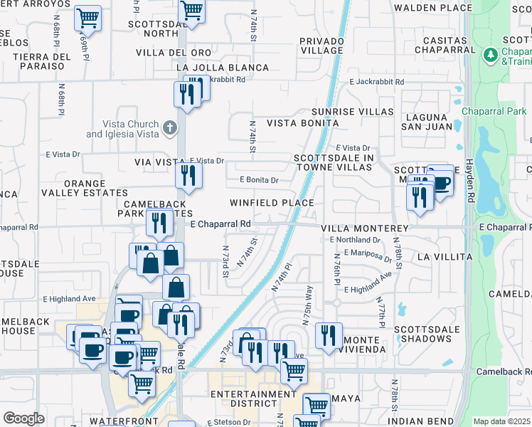 map of restaurants, bars, coffee shops, grocery stores, and more near 7430 East Chaparral Road in Scottsdale