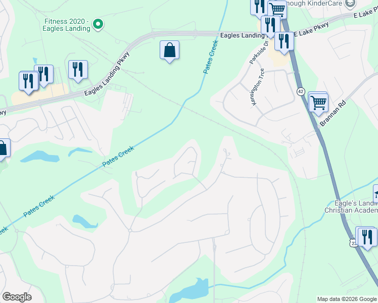 map of restaurants, bars, coffee shops, grocery stores, and more near 246 Legends Trace in McDonough