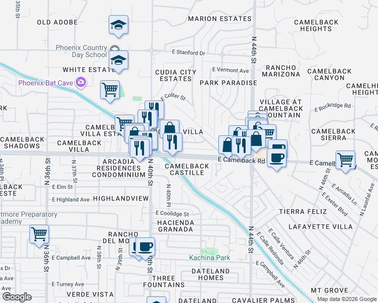 map of restaurants, bars, coffee shops, grocery stores, and more near 4132 East Camelback Road in Phoenix