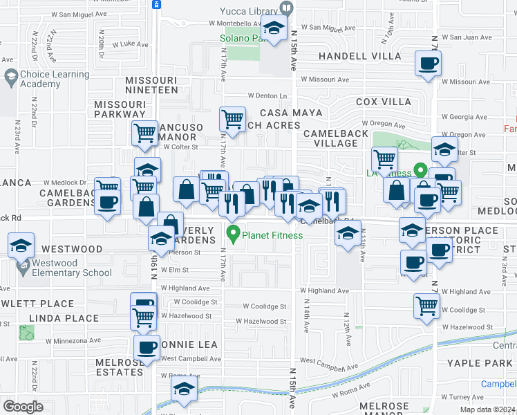 map of restaurants, bars, coffee shops, grocery stores, and more near 1600 West Camelback Road in Phoenix