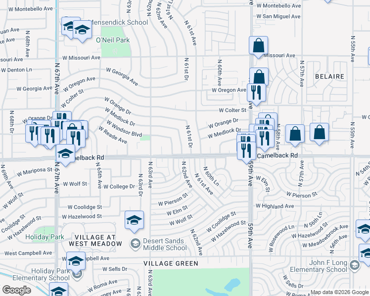 map of restaurants, bars, coffee shops, grocery stores, and more near 5010 North 62nd Avenue in Glendale