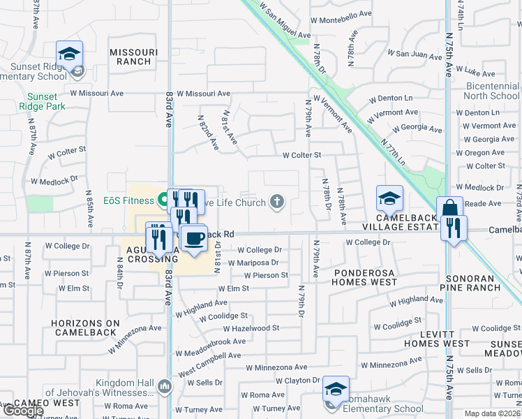 map of restaurants, bars, coffee shops, grocery stores, and more near 8016 West Camelback Road in Glendale