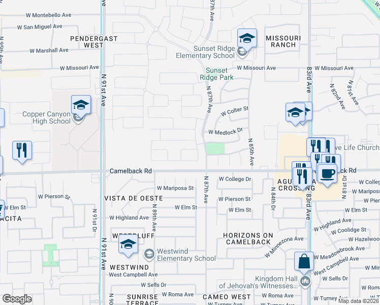 map of restaurants, bars, coffee shops, grocery stores, and more near 8802 West Camelback Road in Glendale