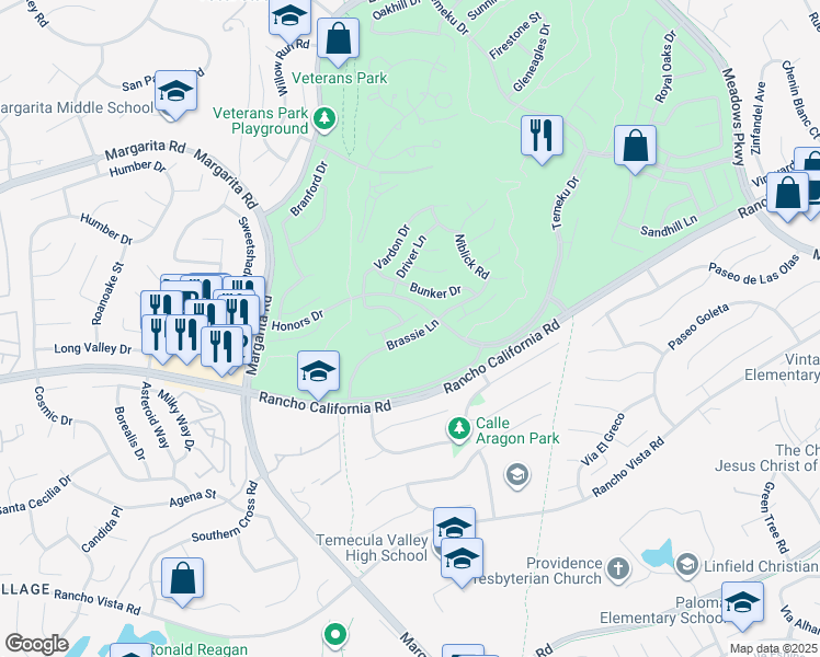 map of restaurants, bars, coffee shops, grocery stores, and more near 30925 Mashie Way in Temecula