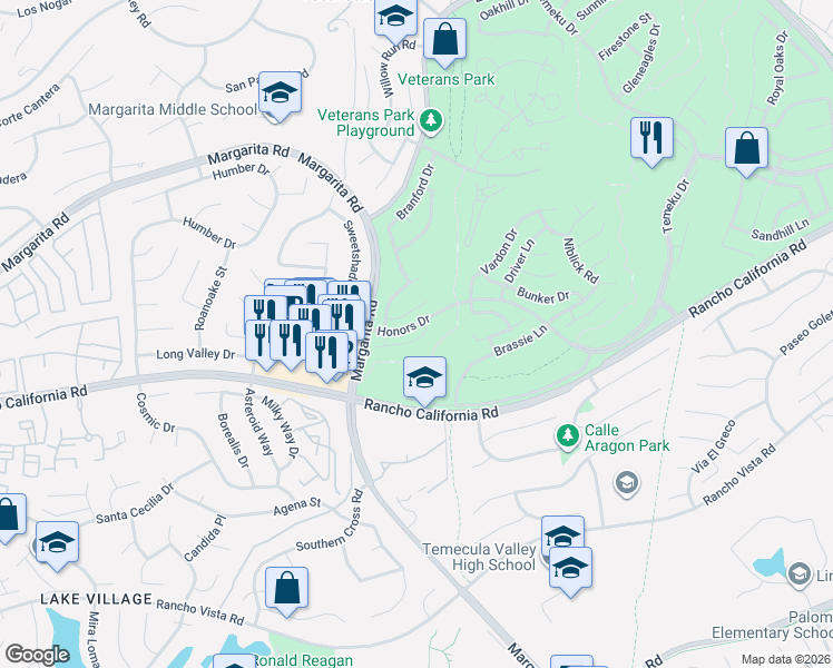 map of restaurants, bars, coffee shops, grocery stores, and more near 30791 Links Court in Temecula