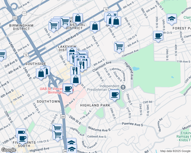 map of restaurants, bars, coffee shops, grocery stores, and more near 822 30th Street South in Birmingham