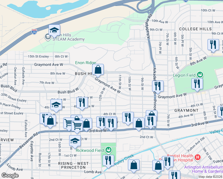 map of restaurants, bars, coffee shops, grocery stores, and more near 525 12th Street West in Birmingham