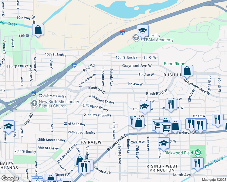 map of restaurants, bars, coffee shops, grocery stores, and more near 2800 Bush Boulevard in Birmingham