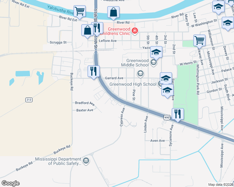 map of restaurants, bars, coffee shops, grocery stores, and more near 616 Cedar Street in Greenwood
