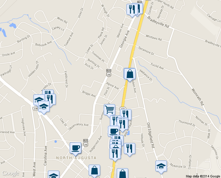 map of restaurants, bars, coffee shops, grocery stores, and more near 1538 Elizabeth Street in North Augusta