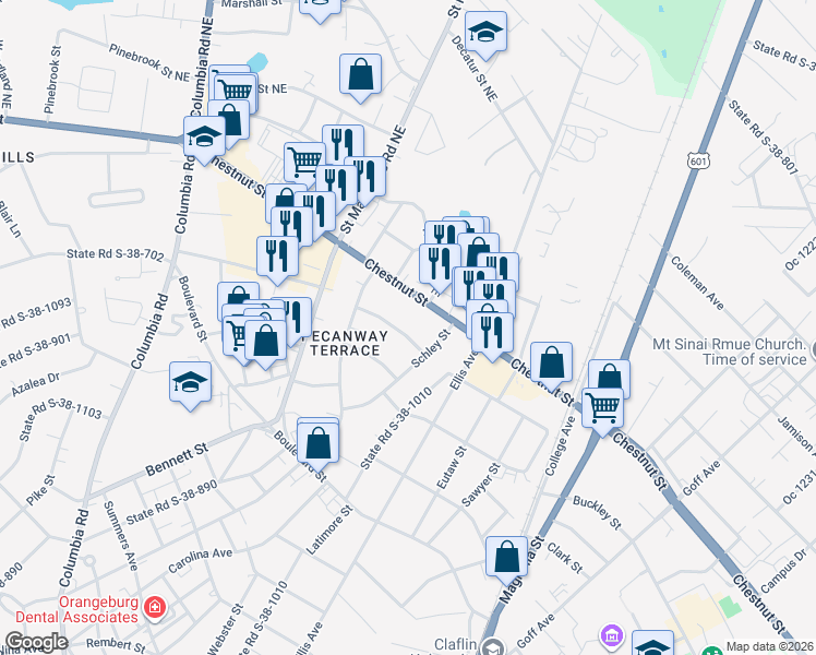 map of restaurants, bars, coffee shops, grocery stores, and more near 1130 Gloria Street in Orangeburg