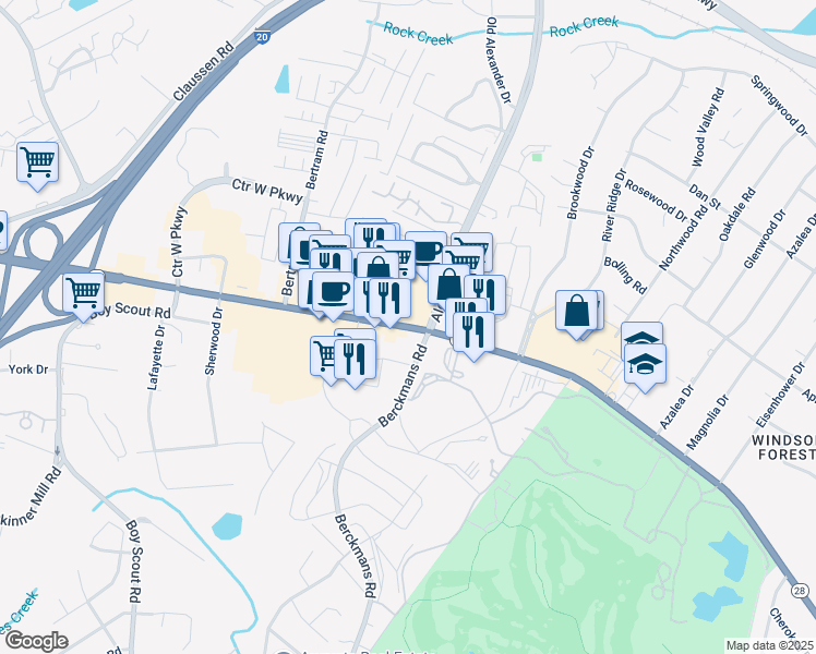map of restaurants, bars, coffee shops, grocery stores, and more near Washington Road in Augusta