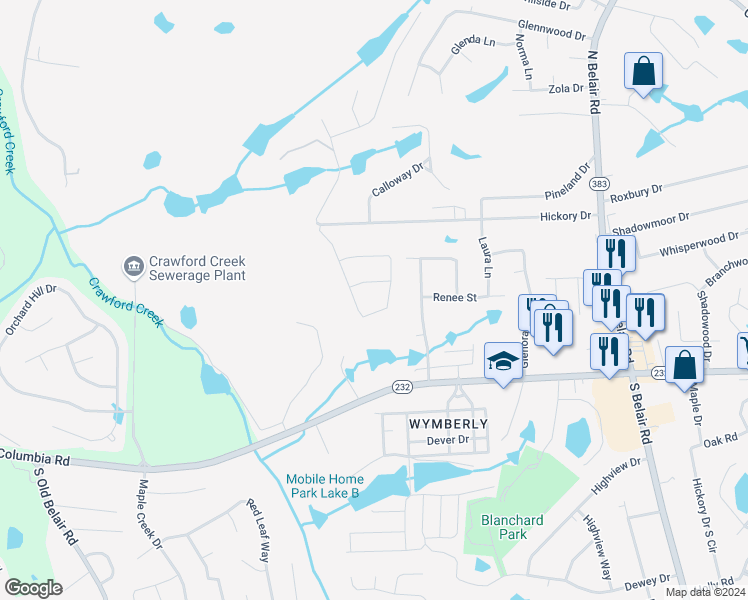 map of restaurants, bars, coffee shops, grocery stores, and more near 749 Houston Lake Drive in Evans