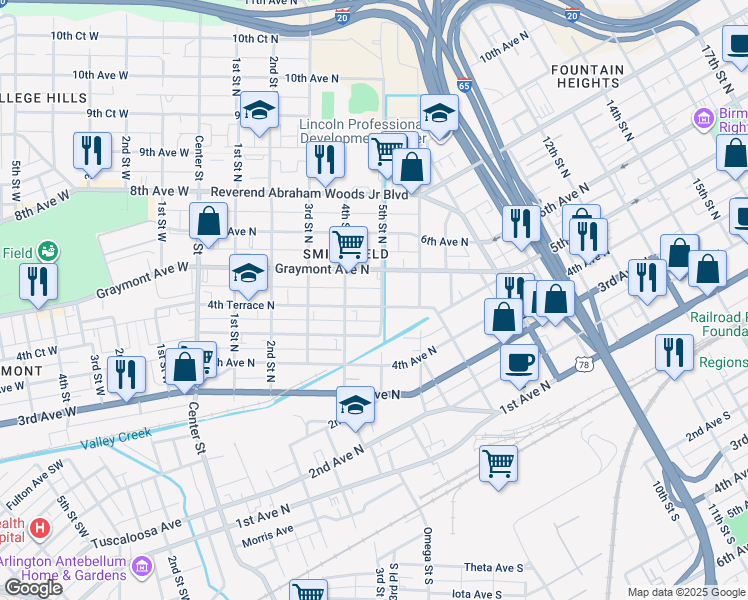 map of restaurants, bars, coffee shops, grocery stores, and more near 428 4th Terrace North in Birmingham