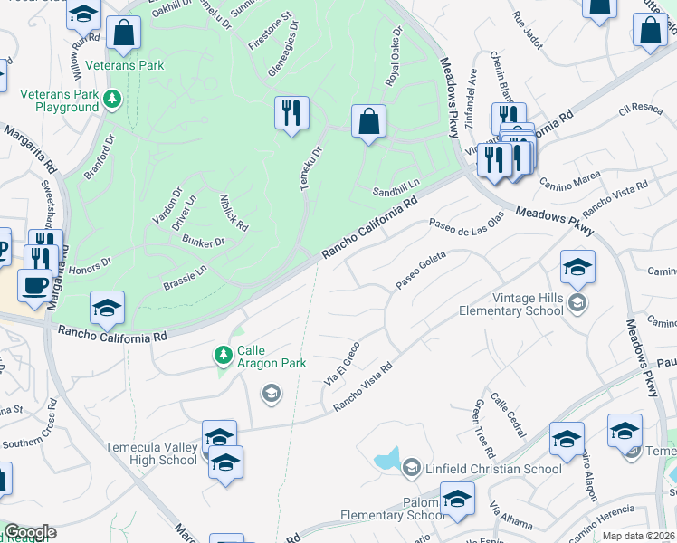 map of restaurants, bars, coffee shops, grocery stores, and more near 31359 Paseo de Las Olas in Temecula