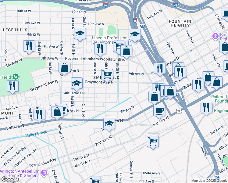 map of restaurants, bars, coffee shops, grocery stores, and more near 424 4th Terrace North in Birmingham
