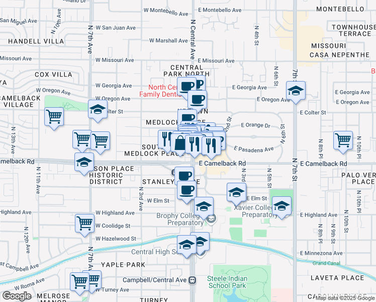 map of restaurants, bars, coffee shops, grocery stores, and more near 5032 North Central Avenue in Phoenix